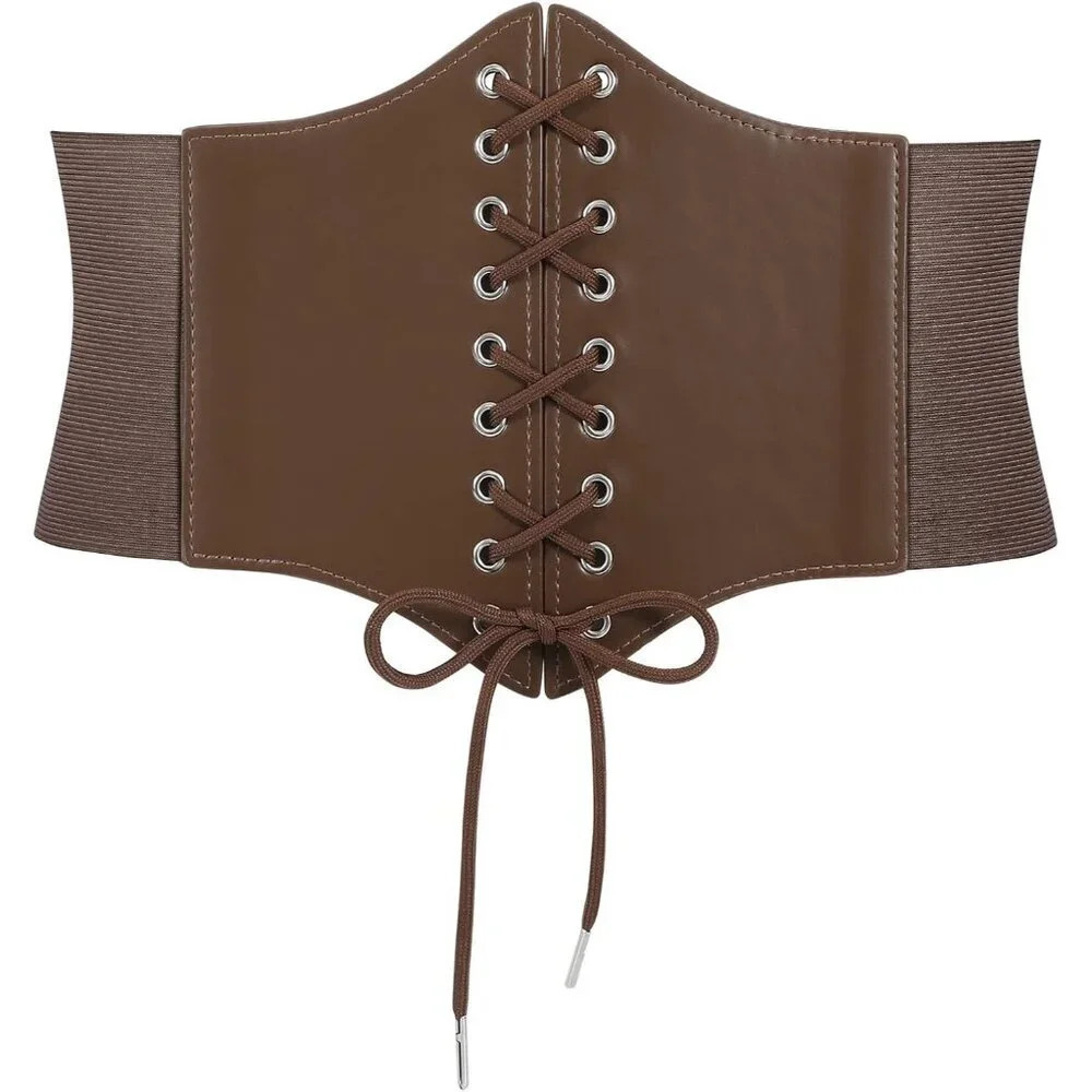 Women's Brown Elastic Costume Waist  Belt Tied Waspie Corset Belts for Women
